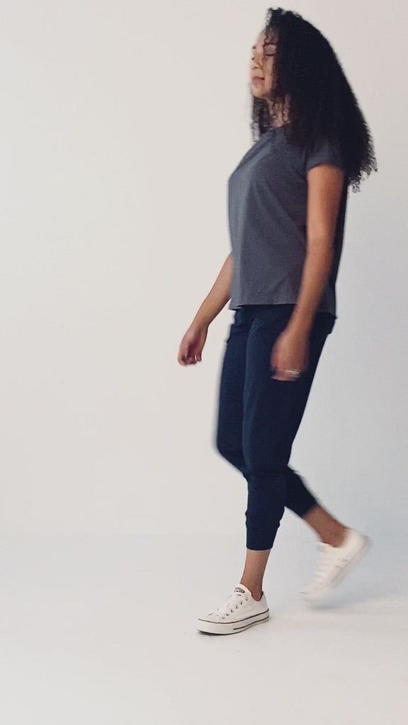 24/7 Pants in Navy and Flirty Off-Shoulder in Slate Gray