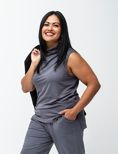 Everyday Sabbatical sleeveless top in wrinkle-resistant fabric — clean drape, polished look.