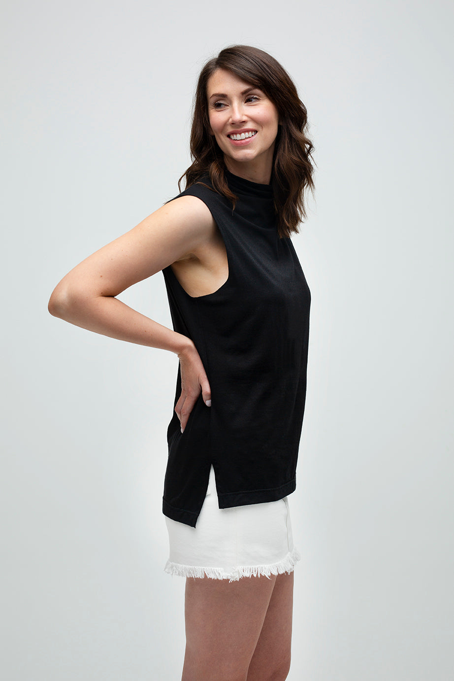 Everyday Sabbatical sleeveless top in wrinkle-resistant fabric — clean drape, polished look.