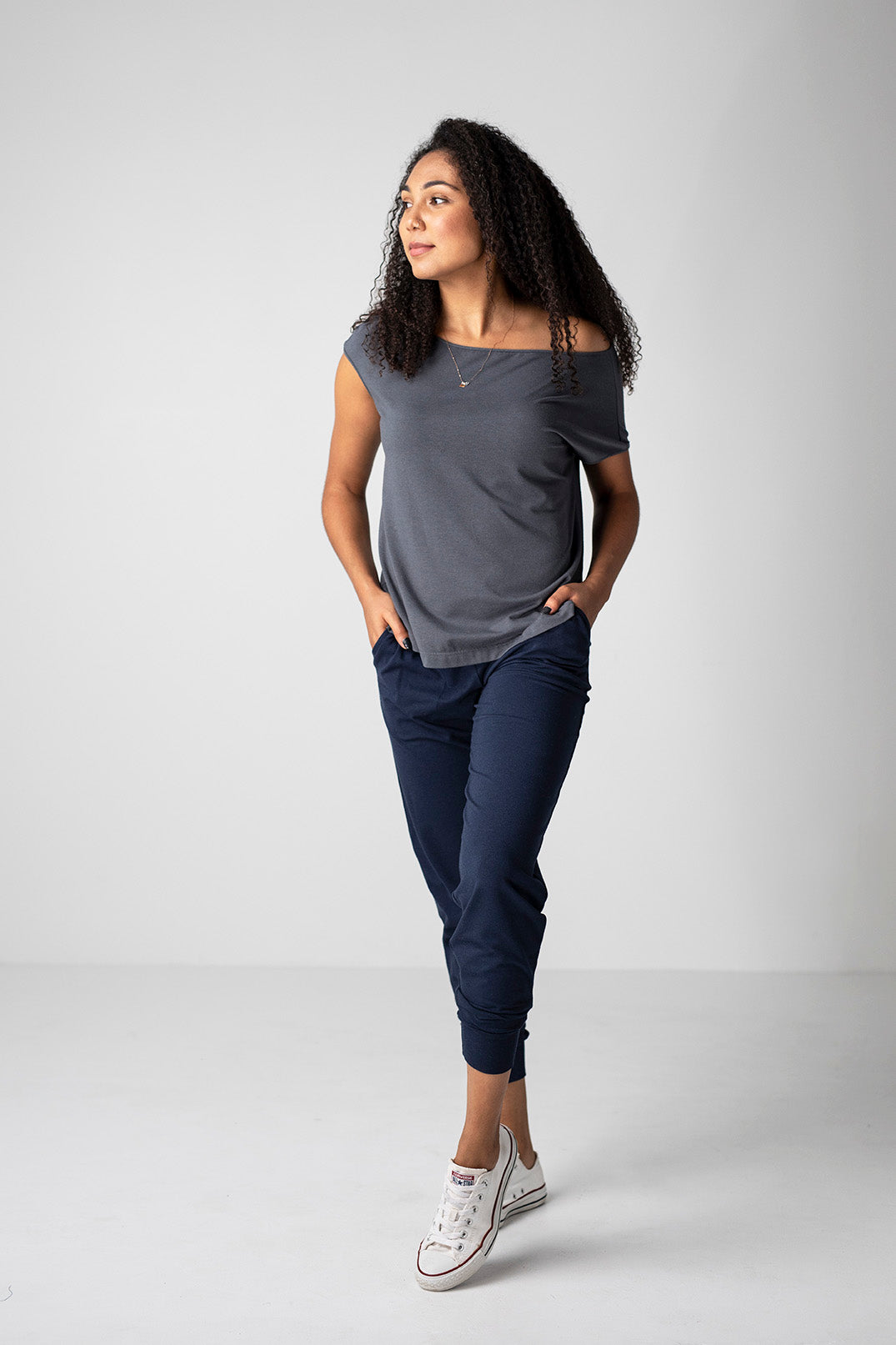 Flirty Off-Shoulder in Slate Gray with 24/7 Pants in Navy